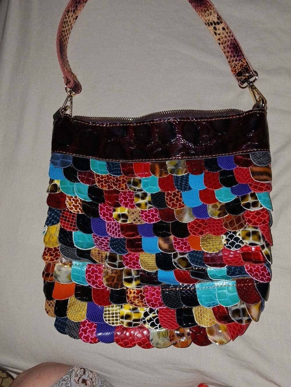 Multicolor Genuine Leather Patchwork Shoulder Bag W/ Layered Petal/scale Design